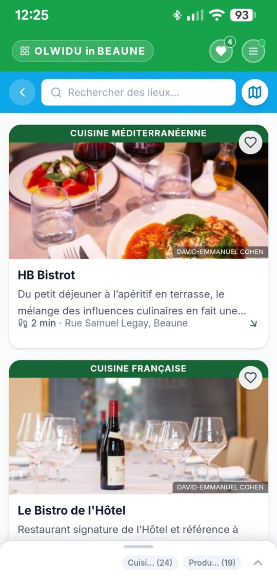 Écran Olwidu : les restaurants de Beaune, avec photo et distance
