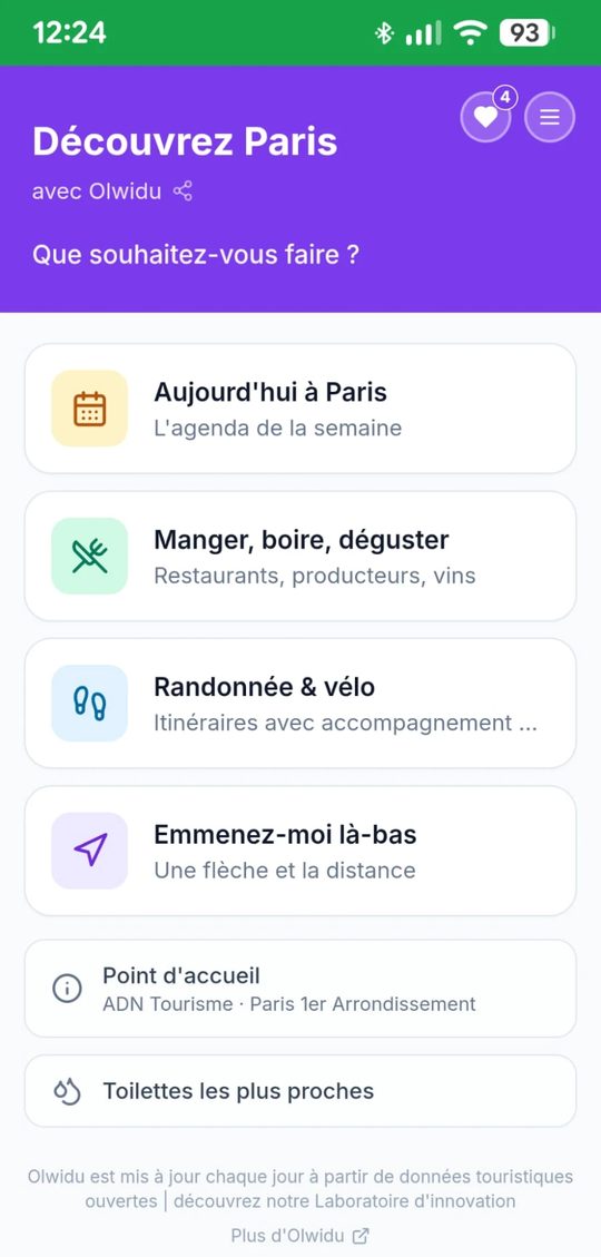 Écran Olwidu : la page d’accueil de Paris, « Que souhaitez-vous faire ? »