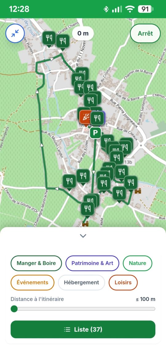 Écran Olwidu : les lieux le long d’un itinéraire — manger, patrimoine, nature